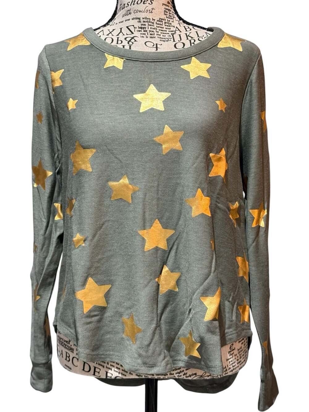 Chaser Gold Star Print Long Sleeve Tee Large NWT Gray Metallic Stars